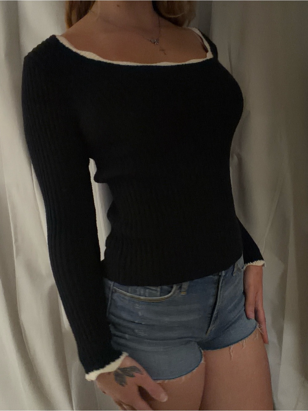 Black Ribbed Lightweight Sweater with White Trim